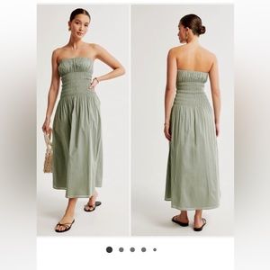 Abercrombie Fitch Strapless Drop-Waist Smocked Maxi Dress Olive Green Sz XL